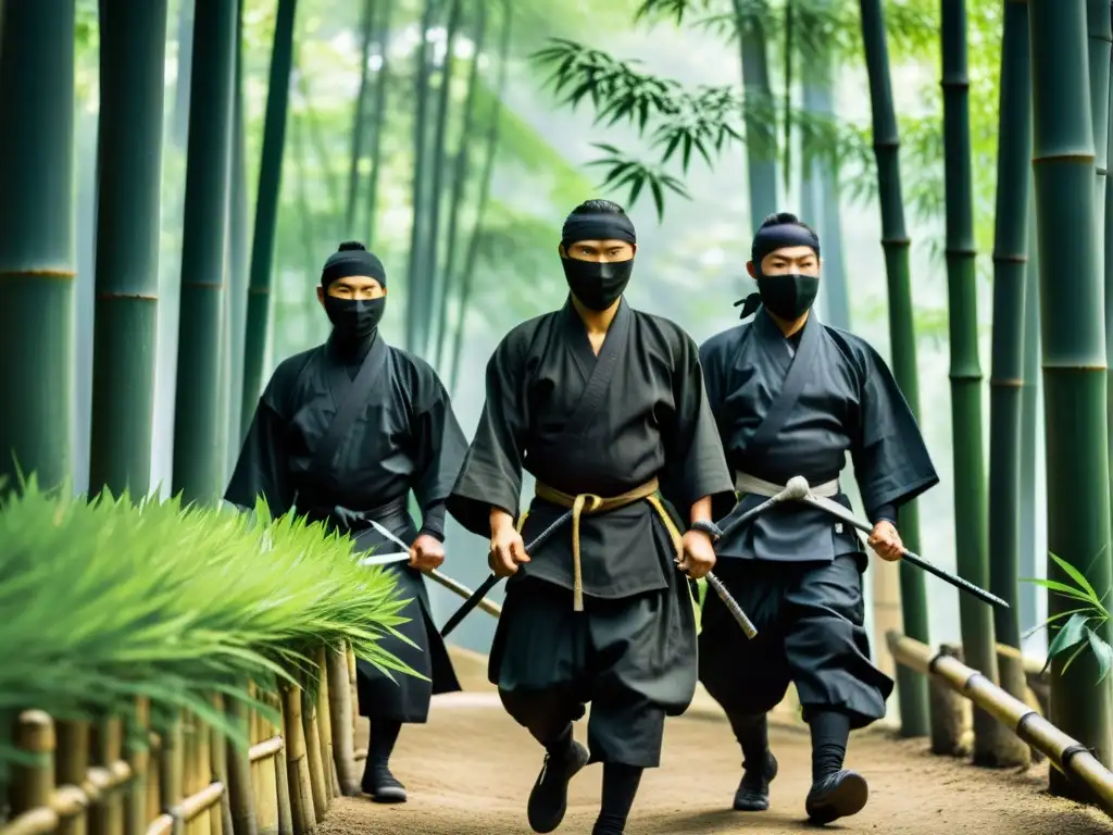 Un grupo de ninjas en trajes negros tradicionales se mueven sigilosamente por un denso bosque de bambú, con la luz del sol creando sombras dramáticas en el suelo