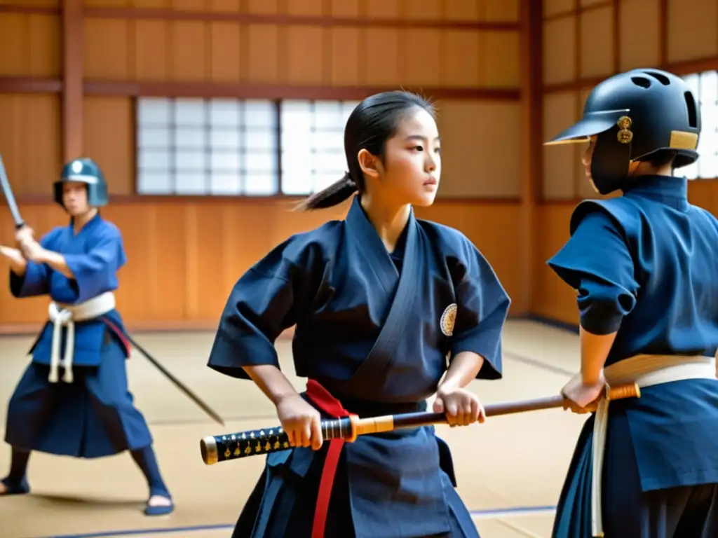 Grupo de niños y adolescentes practicando kendo en un dojo, mostrando disciplina y concentración