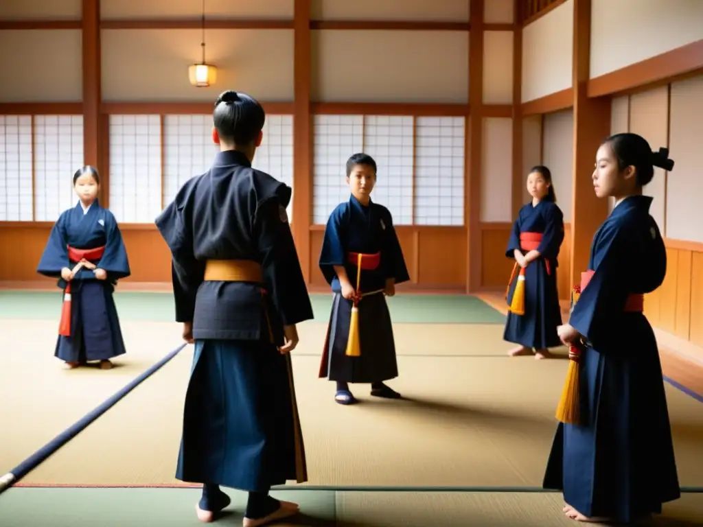 Un grupo de niños y adolescentes practican kendo en un dojo tranquilo, mostrando disciplina y concentración bajo la guía de su sensei