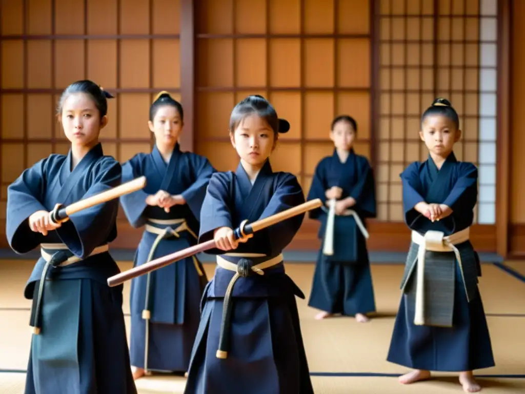 Grupo de niños y adolescentes en uniforme tradicional de Kendo, mostrando concentración y determinación en disciplinada formación