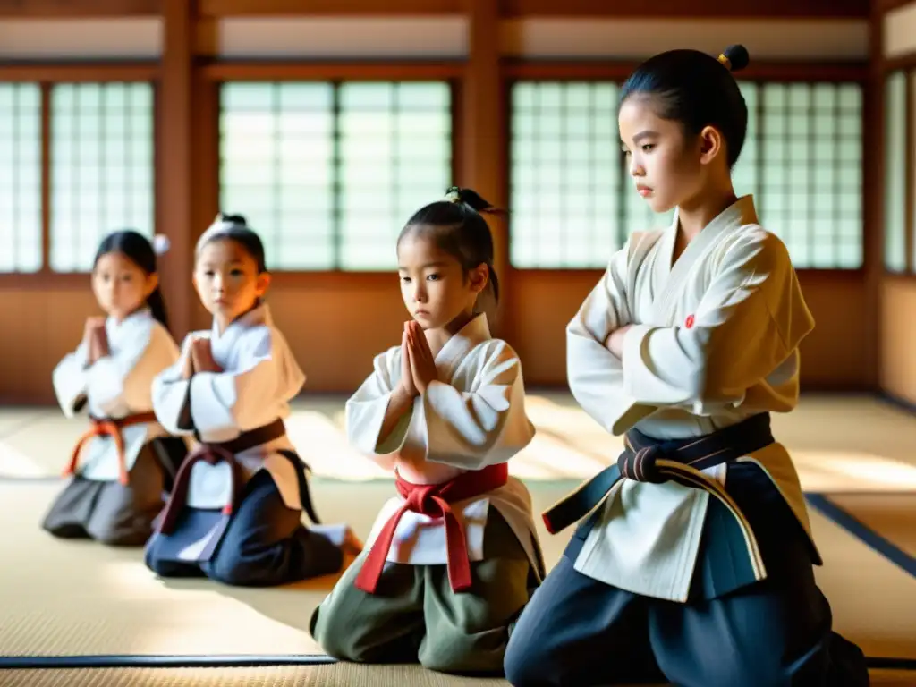 Un grupo de niños en atuendo samurái practica artes marciales en un dojo sereno y soleado, bajo la guía de un instructor