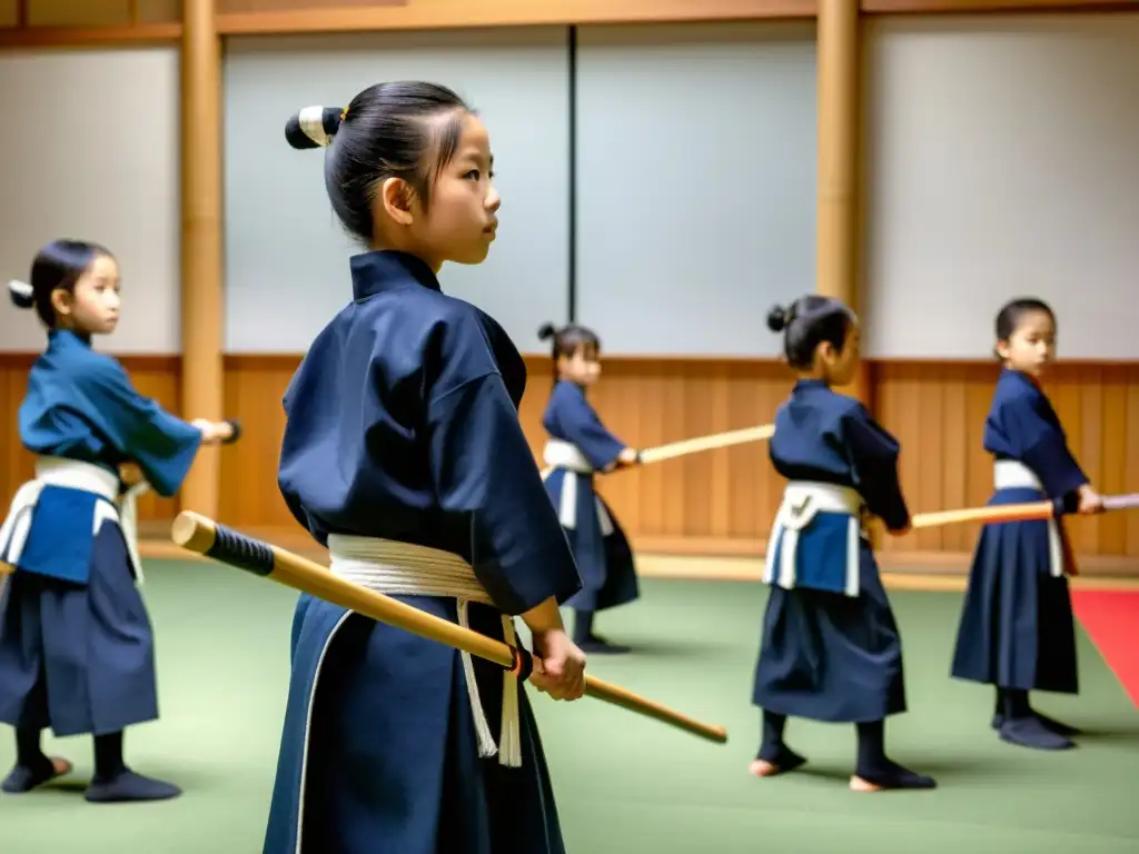 Grupo de niños practicando Kendo en un dojo tradicional, demostrando disciplina y concentración