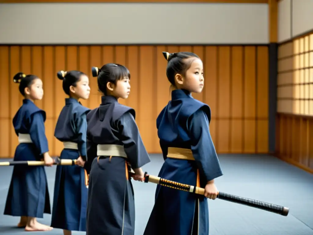 Grupo de niños practicando kendo en un dojo tradicional, mostrando disciplina y concentración