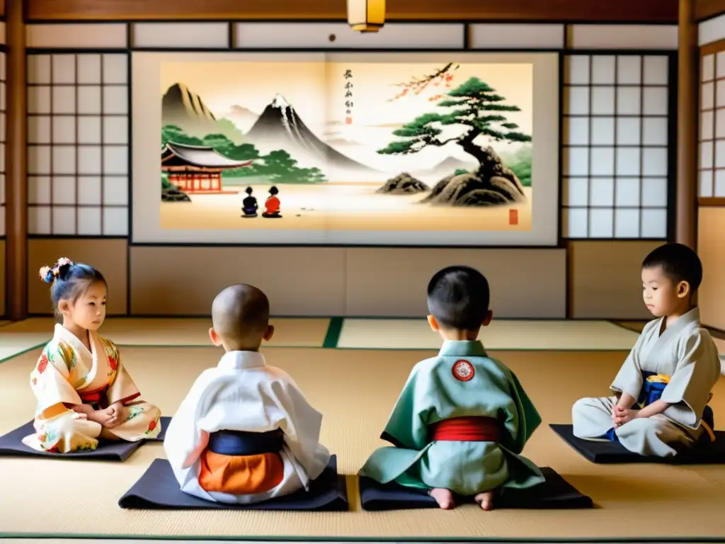 Un grupo de niños escucha con reverencia mientras un sabio sensei les enseña los valores del código samurái en un dojo tradicional japonés