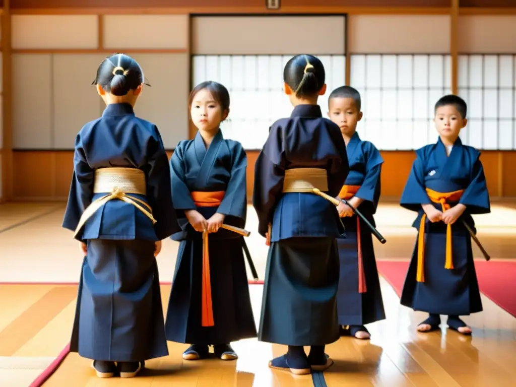 Un grupo de niños en trajes tradicionales de kendo, mostrando respeto a su sensei antes de comenzar la práctica