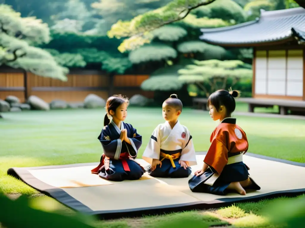 Un grupo de niños aprende los valores del código samurái en un jardín sereno, guiados por un sabio sensei