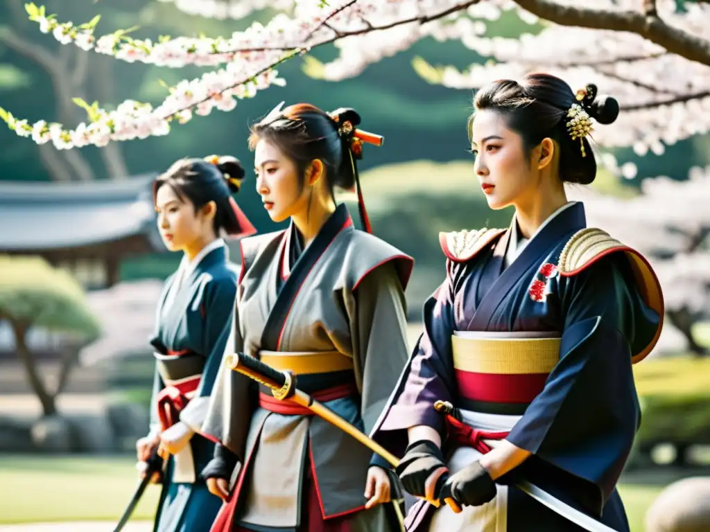 Un grupo de OnnaBugeisha practica artes marciales en un majestuoso jardín japonés rodeado de árboles de cerezo en flor
