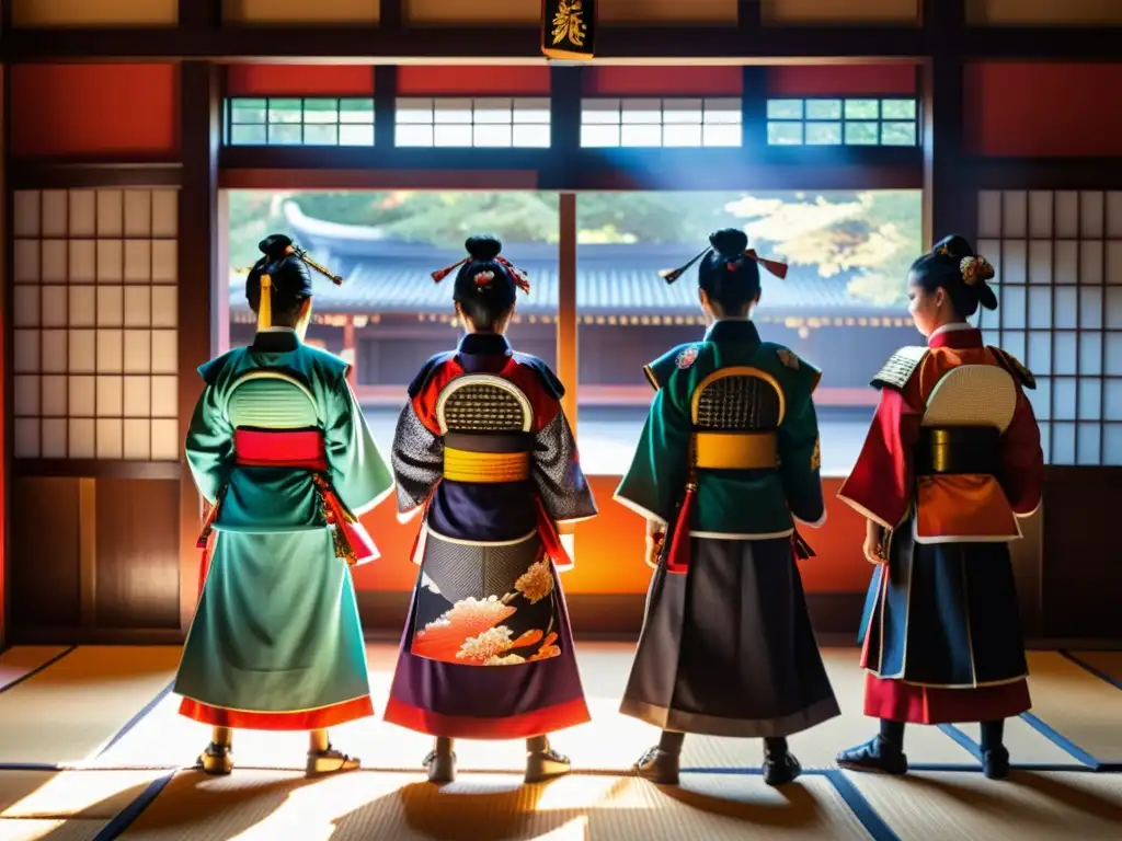 Grupo de OnnaBugeisha practicando artes marciales en dojo tradicional, destacando el rol de la mujer samurái con determinación y disciplina