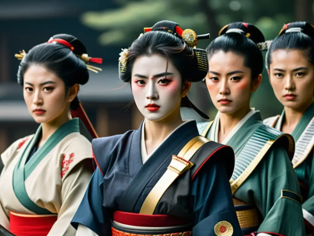 Onnabugeisha: Guerreras Samurái en Armadura Tradicional Un grupo de onnabugeisha, samuráis femeninas, con katanas, listas para la batalla