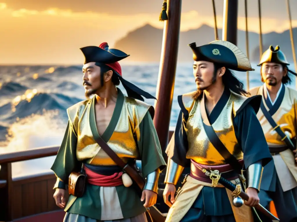 Un grupo de piratas japoneses Wokou se paran en la cubierta de su barco, con expresiones fieras iluminadas por la luz dorada del sol poniente