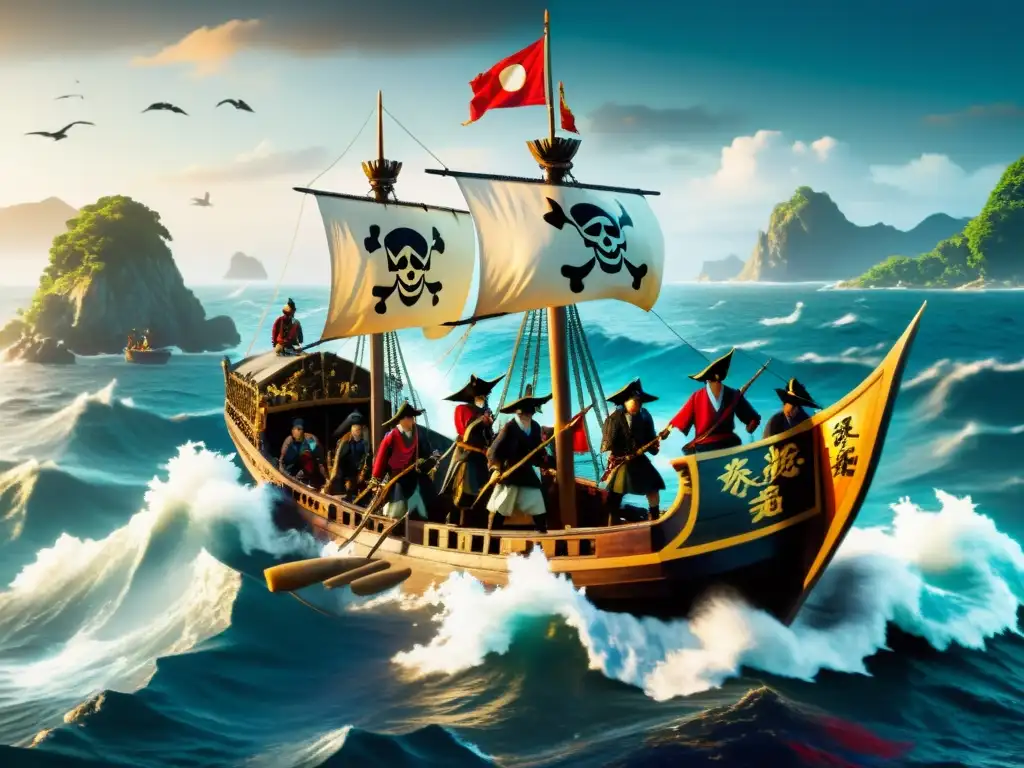 Grupo de piratas Wokou navegando en aguas peligrosas cerca de la costa japonesa, preparándose para un raid con sus barcos y banderas distintivas