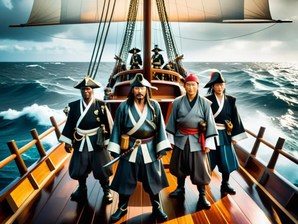 Un grupo de piratas Wokou en un barco japonés, listos para la batalla en el mar