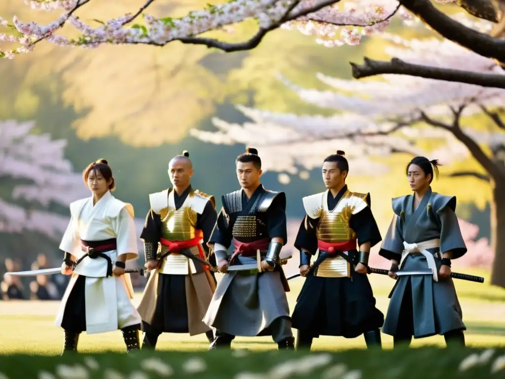 Grupo de practicantes de artes marciales en armaduras samurái, con katanas, bajo cerezos en flor