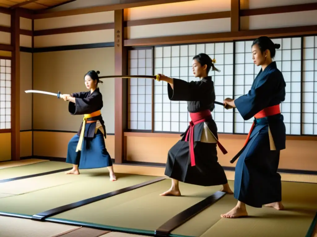 Un grupo de practicantes viste atuendos tradicionales japoneses y realiza una demostración grácil y precisa de naginatajutsu en un sereno dojo