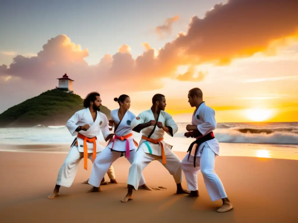 Un grupo de practicantes de capoeira, con pantalones blancos y cinturones coloridos, formando un círculo en la playa al atardecer