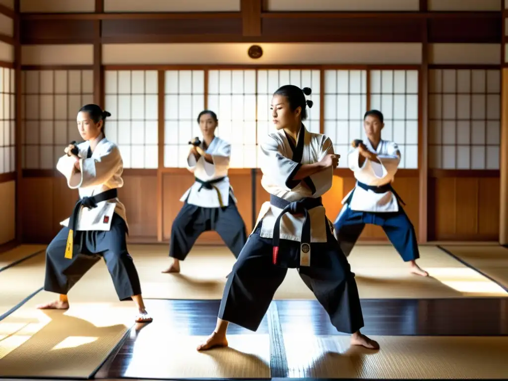 Un grupo de practicantes contemporáneos de Naginatajutsu, ataviados con trajes tradicionales, practican en un dojo iluminado por el sol