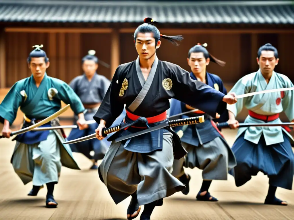 Grupo de practicantes samurái realizando la danza de la espada kembu en un escenario japonés tradicional, mostrando equilibrio emocional y gracia