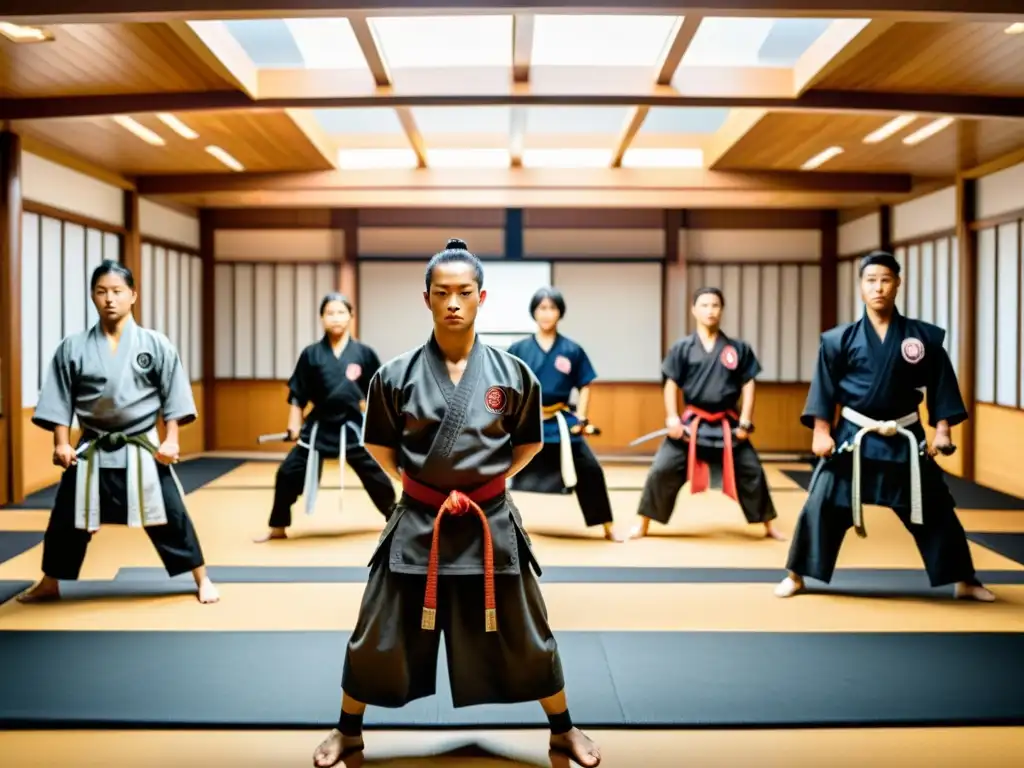 Grupo de practicantes en un dojo de artes marciales, fusionando técnicas samurái con armas modernas