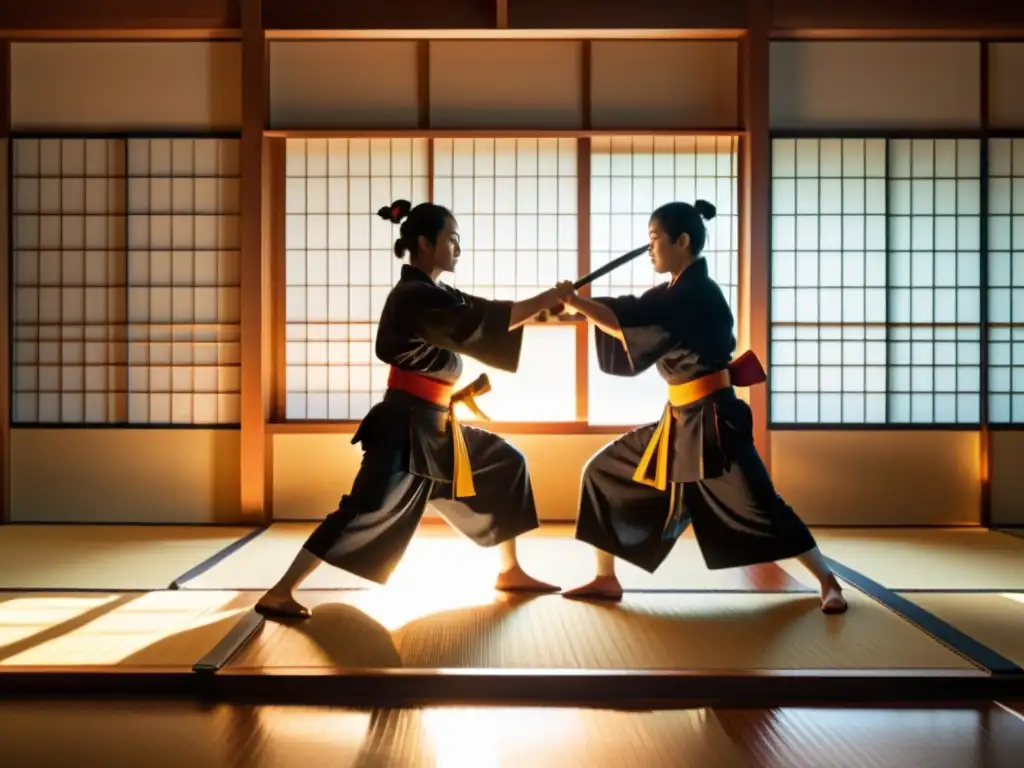 Un grupo de practicantes en un dojo japonés, ejecutando con precisión movimientos de naginata bajo la cálida luz del sol, reflejando la estética y el combate del arte samurái