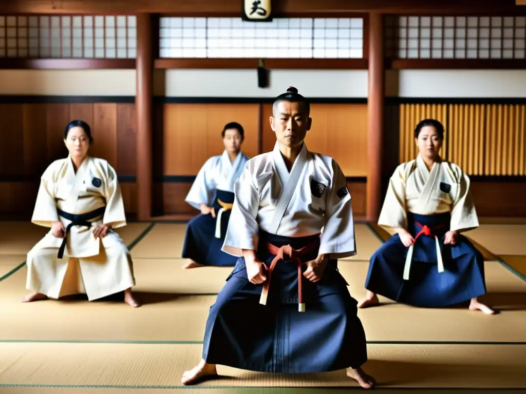 Un grupo de practicantes experimentados de Naginatajutsu realiza un kata en un dojo tradicional, transmitiendo la disciplina y precisión de su arte