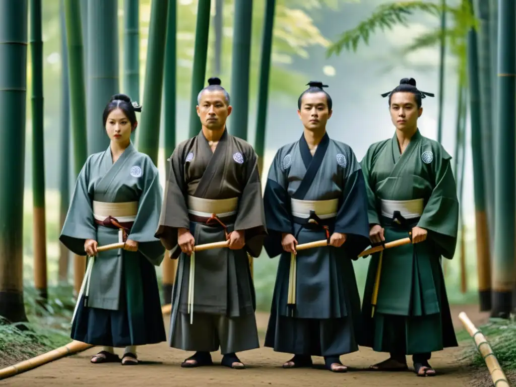 Grupo de practicantes famosos de Kyudo en un bosque de bambú al amanecer, realizando rituales espirituales de arquería samurái