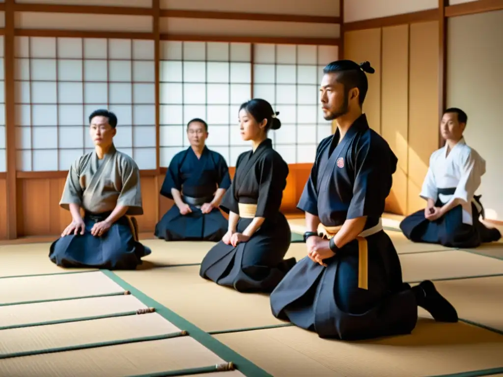 Grupo de practicantes de Iaido en un dojo sereno, con luz suave iluminando la escena