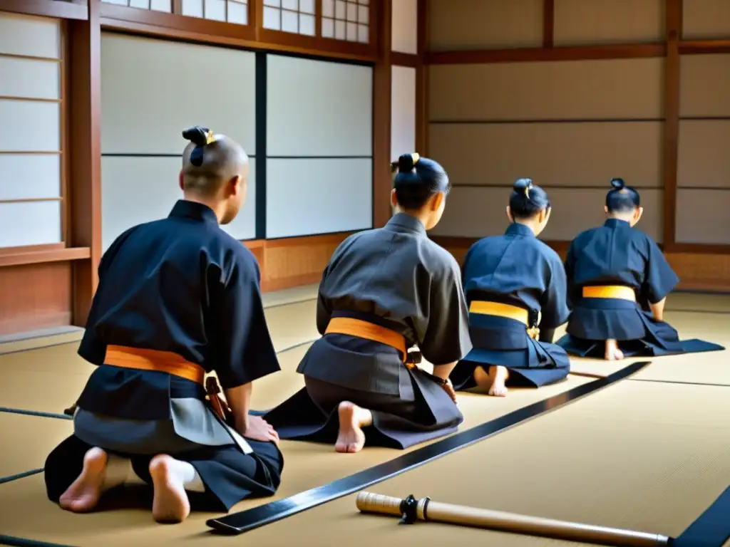 Grupo de practicantes de Iaido en dojo japonés, preparándose para reglas competición Iaido espada japonesa con disciplina y reverencia