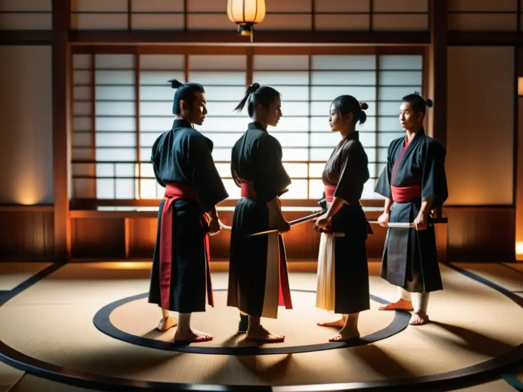 Un grupo de practicantes de kembu, vestidos con atuendos samurái tradicionales, se paran en círculo en un dojo tenue