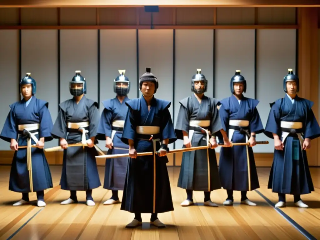 Grupo de practicantes de kendo en kendogi blanco, listos para una exhibición auténtica de Kendo en Japón