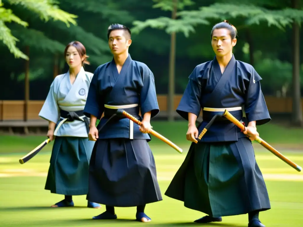 Grupo de practicantes de kendo con kendogi blanco y hakama, entrenando al aire libre al amanecer