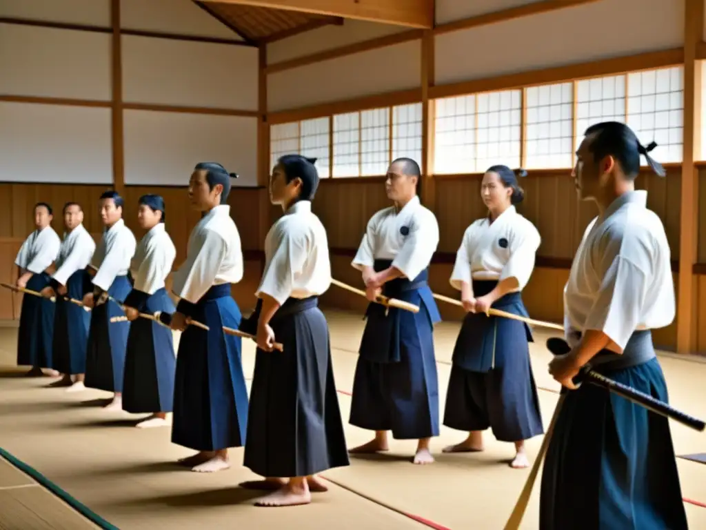 Grupo de practicantes de kendo en un dojo tradicional, demostración de liderazgo a través del kendo