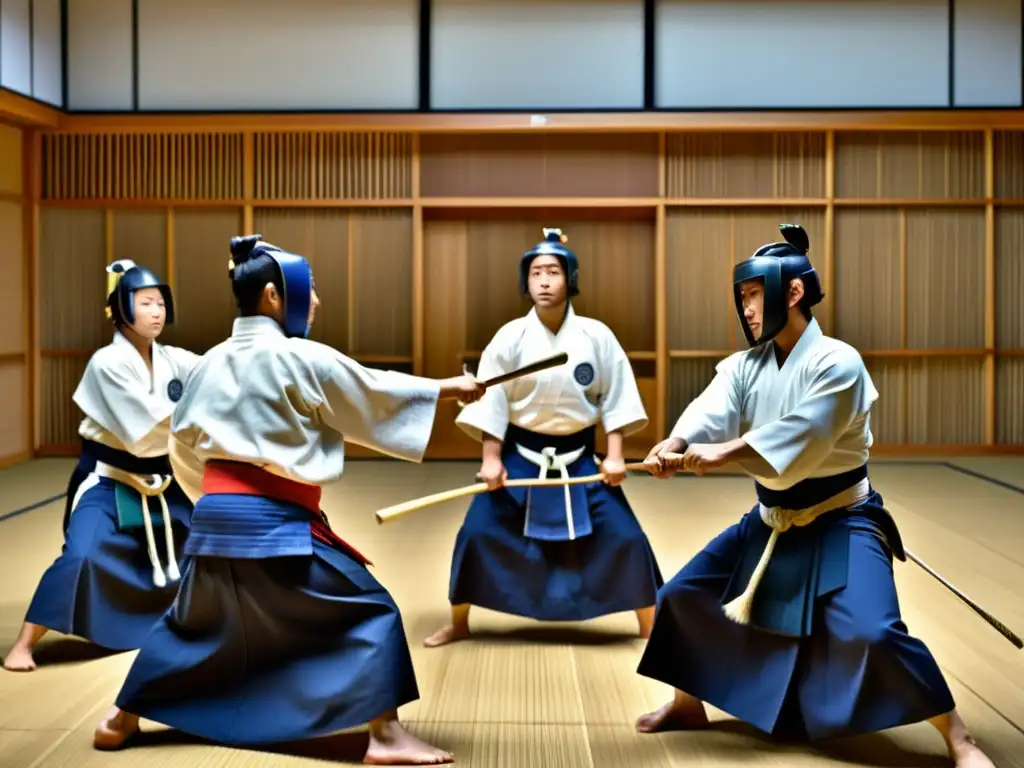 Grupo de practicantes de kendo en un dojo moderno, ejecutando precisos golpes con shinai de bambú