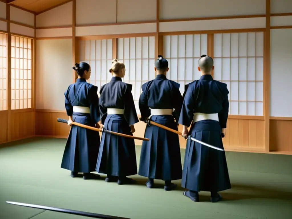 Un grupo de practicantes de kendo en un dojo moderno, mostrando respeto antes de comenzar su entrenamiento