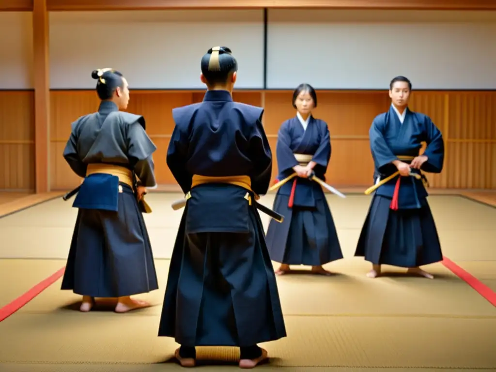 Grupo de practicantes de Kendo en un dojo sereno bañado en luz dorada