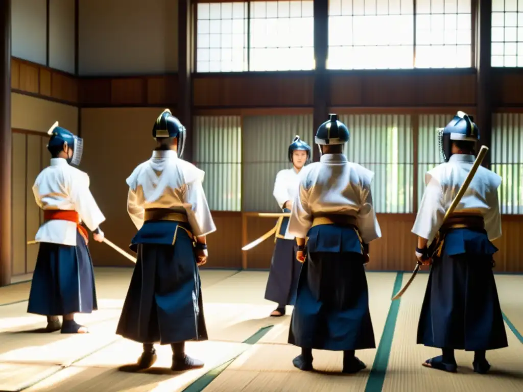 Grupo de practicantes de kendo en un dojo, demostrando la importancia de la postura para una técnica impecable