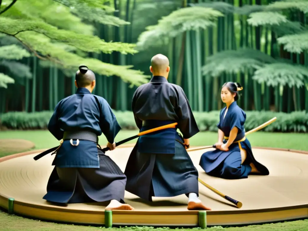Un grupo de practicantes de kendo en un dojo al aire libre, mostrando concentración y disciplina en sus movimientos