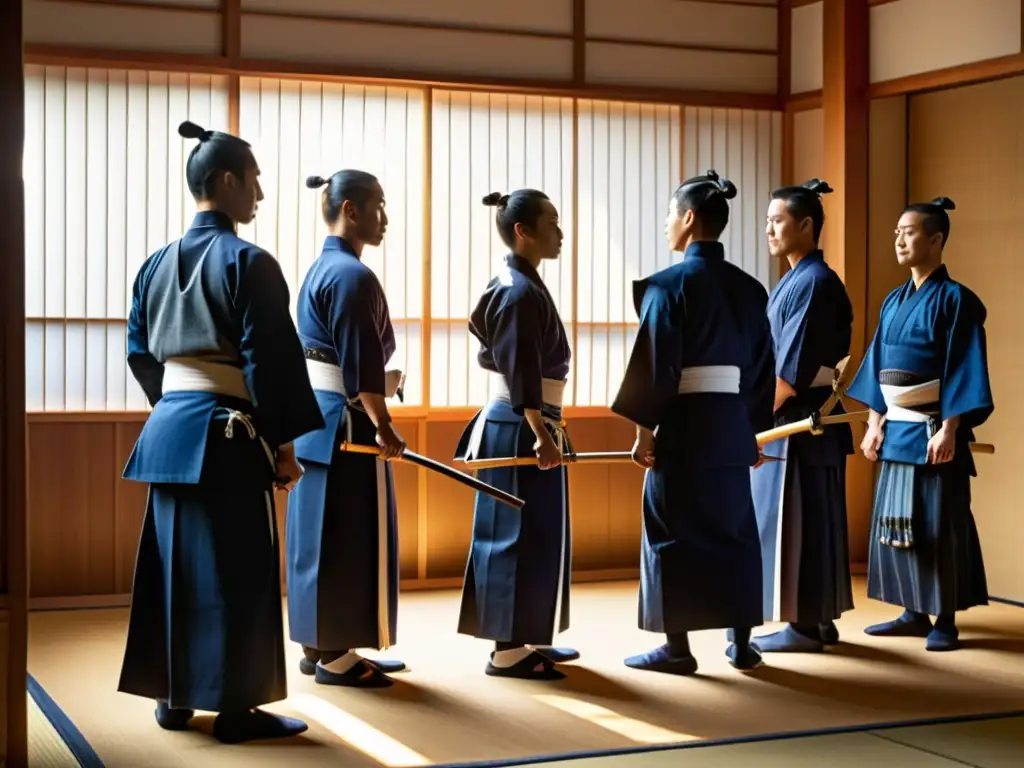 Grupo de practicantes de kendo en un dojo, bajo la luz de la tarde, concentrados en katas de Kendo samurái precisión