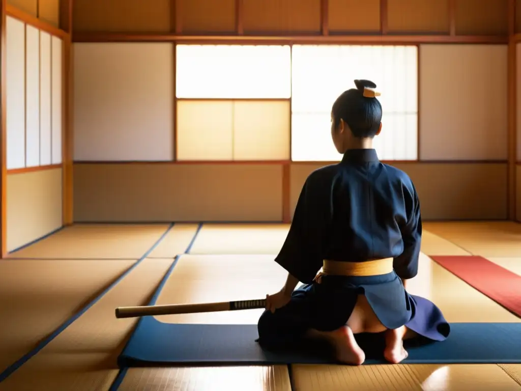 Grupo de practicantes de kendo meditando en un dojo iluminado dorado, reflejando la armonía entre la disciplina y la tranquilidad