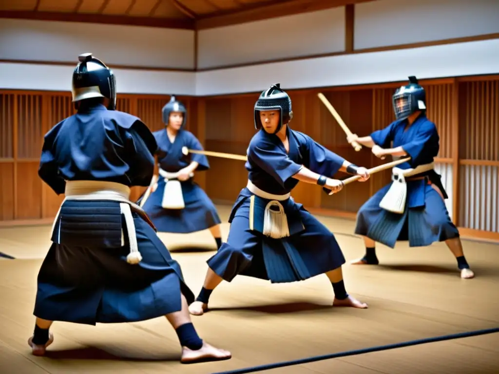 Un grupo de practicantes de kendo en un dojo tradicional, demostrando técnicas de forma intensa