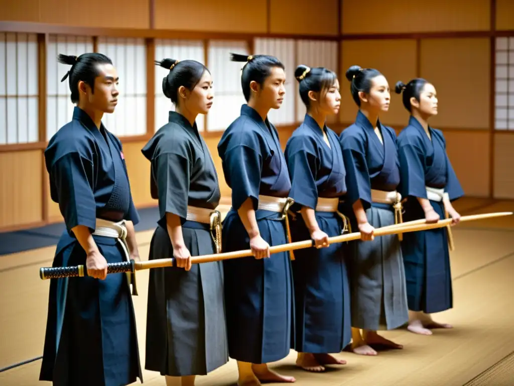 Un grupo de practicantes de kendo se prepara para entrenar en un dojo moderno, con una atmósfera serena pero intensa