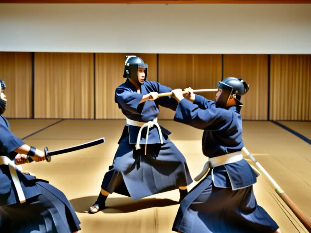 Grupo de practicantes de kendo con determinación y concentración en un dojo tradicional, interpretando la poesía bélica samurái