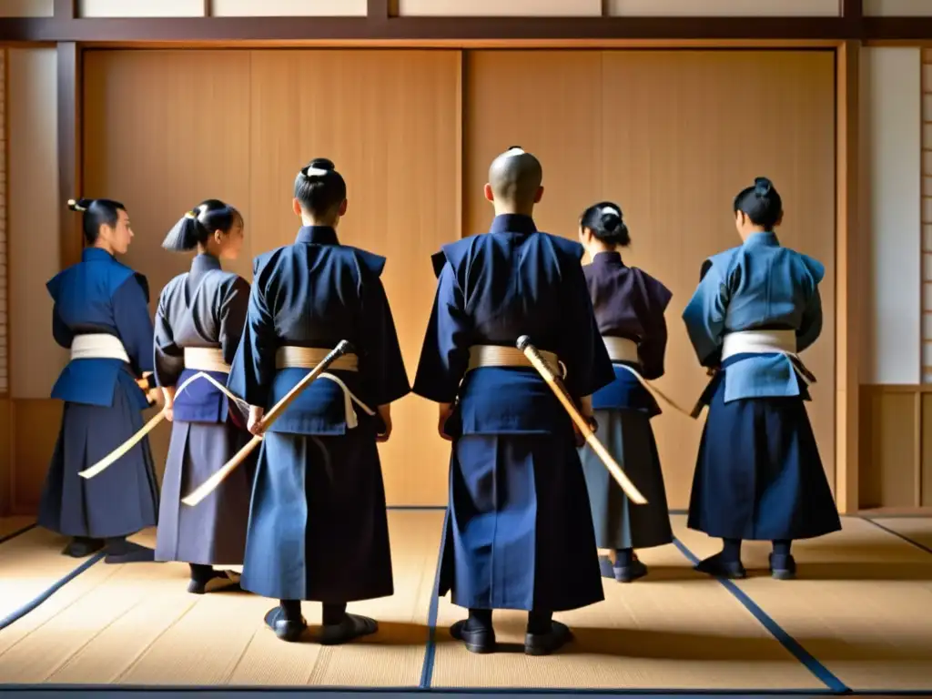 Un grupo de practicantes de kendo en un dojo, con un intenso enfoque en la disciplina y la tradición