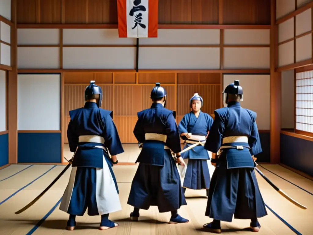 Un grupo de practicantes de kendo con expresiones concentradas ejecutan movimientos precisos con sus espadas shinai en un dojo tradicional