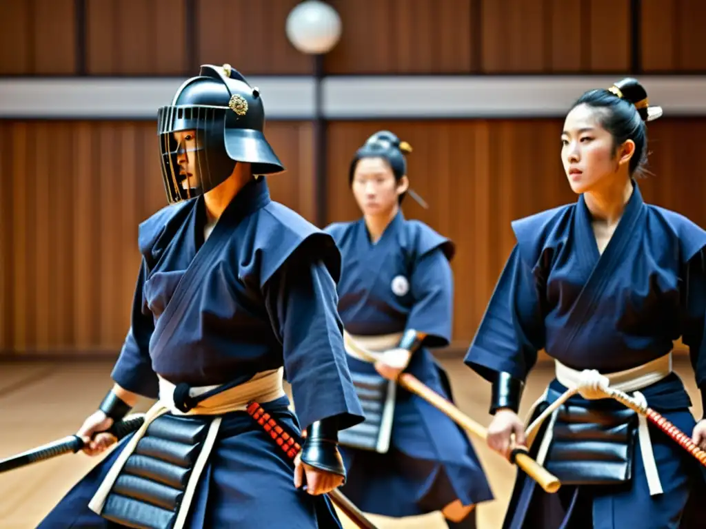 Un grupo de practicantes de kendo con hakama y armadura bogu en un dojo tradicional, mostrando concentración y determinación en un emocionante combate