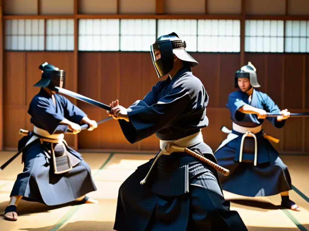 Grupo de practicantes de Kendo en un intenso entrenamiento en un dojo, mostrando agilidad y disciplina