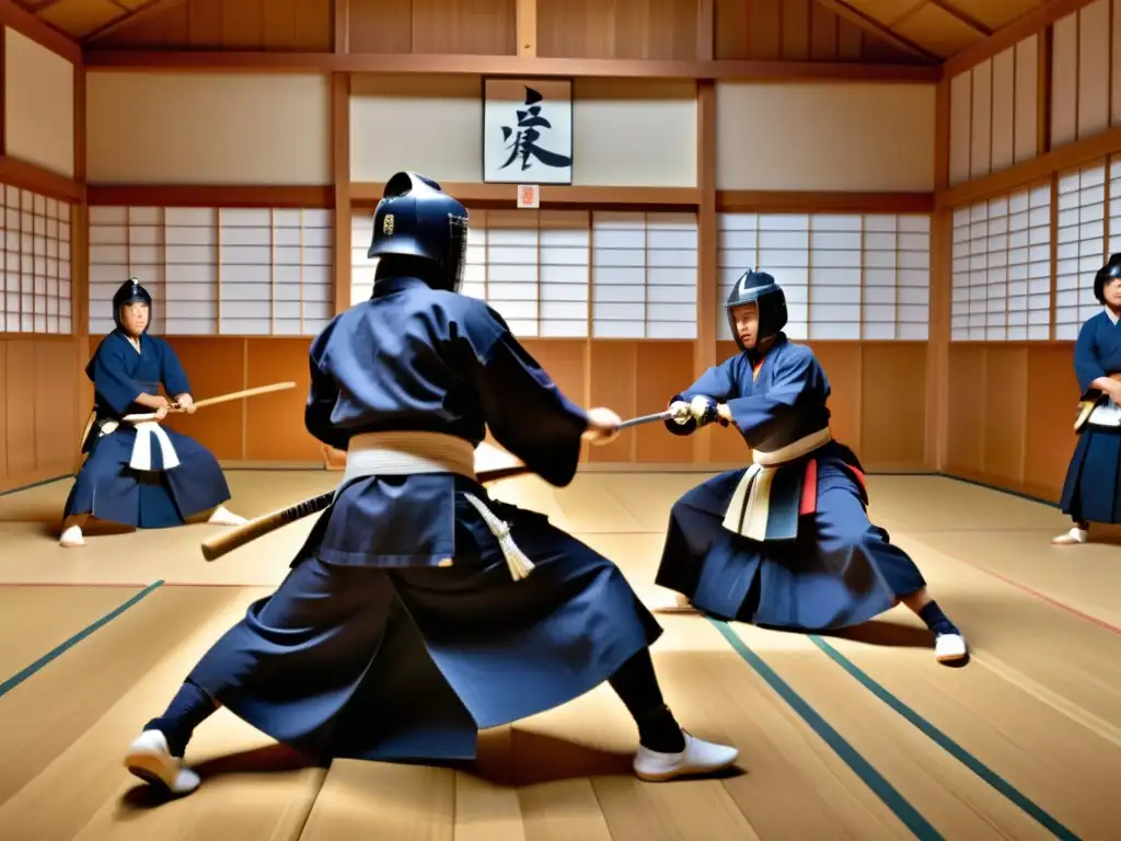 Un grupo de practicantes de kendo en un intenso combate en un dojo, mostrando el entrenamiento kendo contemporáneo del siglo XXI