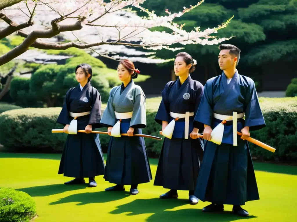 Grupo de practicantes de kendo en un jardín japonés con cerezos en flor, mostrando Innovaciones en el arte del Kendo