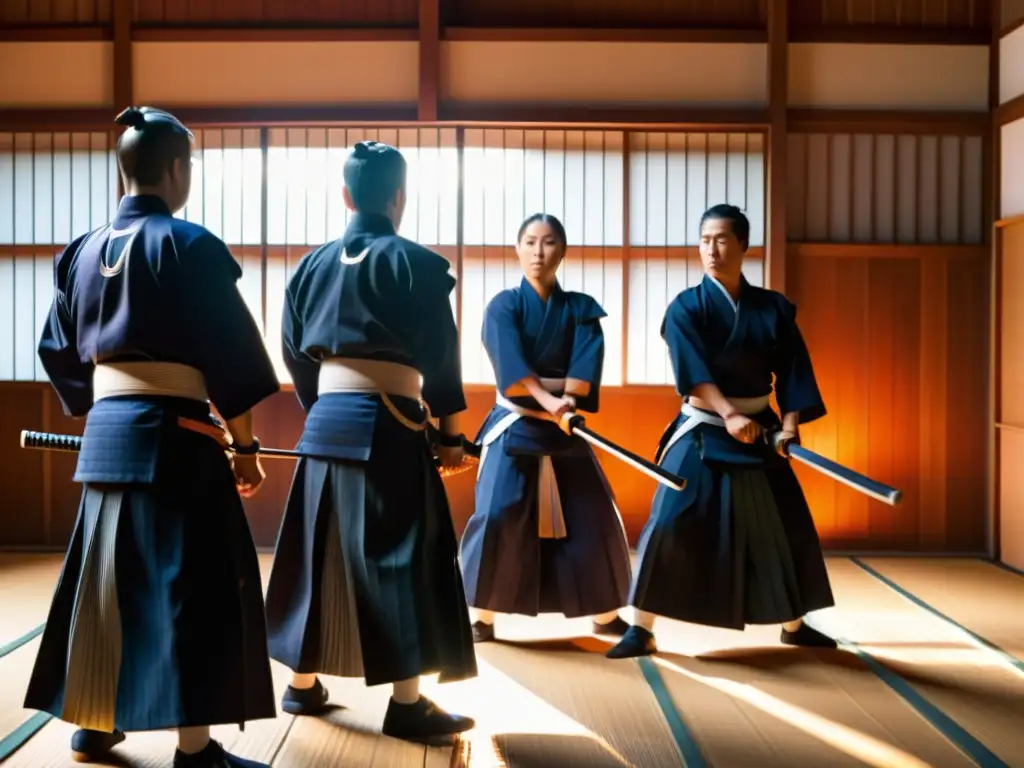 Un grupo de practicantes de Kendo realizan precisos movimientos con shinai en un dojo tradicional