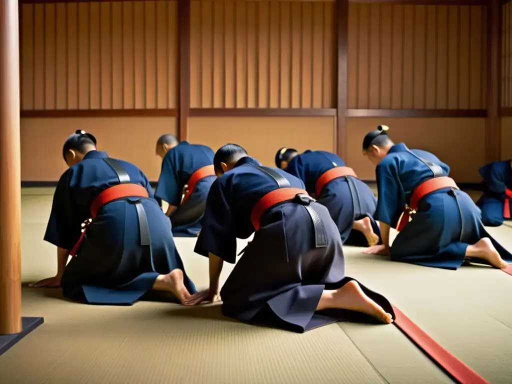 Un grupo de practicantes de kendo muestra principios éticos en un dojo, destacando disciplina y respeto