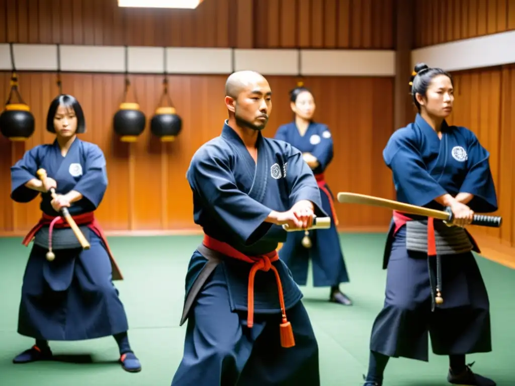 Un grupo de practicantes de kendo realiza rutinas de entrenamiento de agilidad en un dojo tradicional, mostrando determinación y enfoque